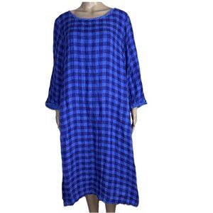 Sahara Plaid Check Linen Dress Long Sleeve Midi Size Large US 12-14 Pockets